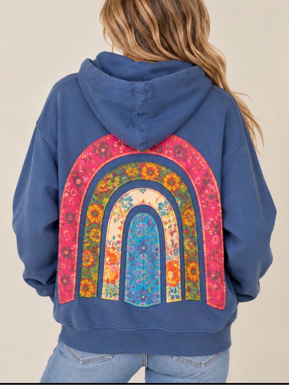 Natural Life S/M Oversized Patchwork Floral Rainbow Zip Hoodie Blue NWOT